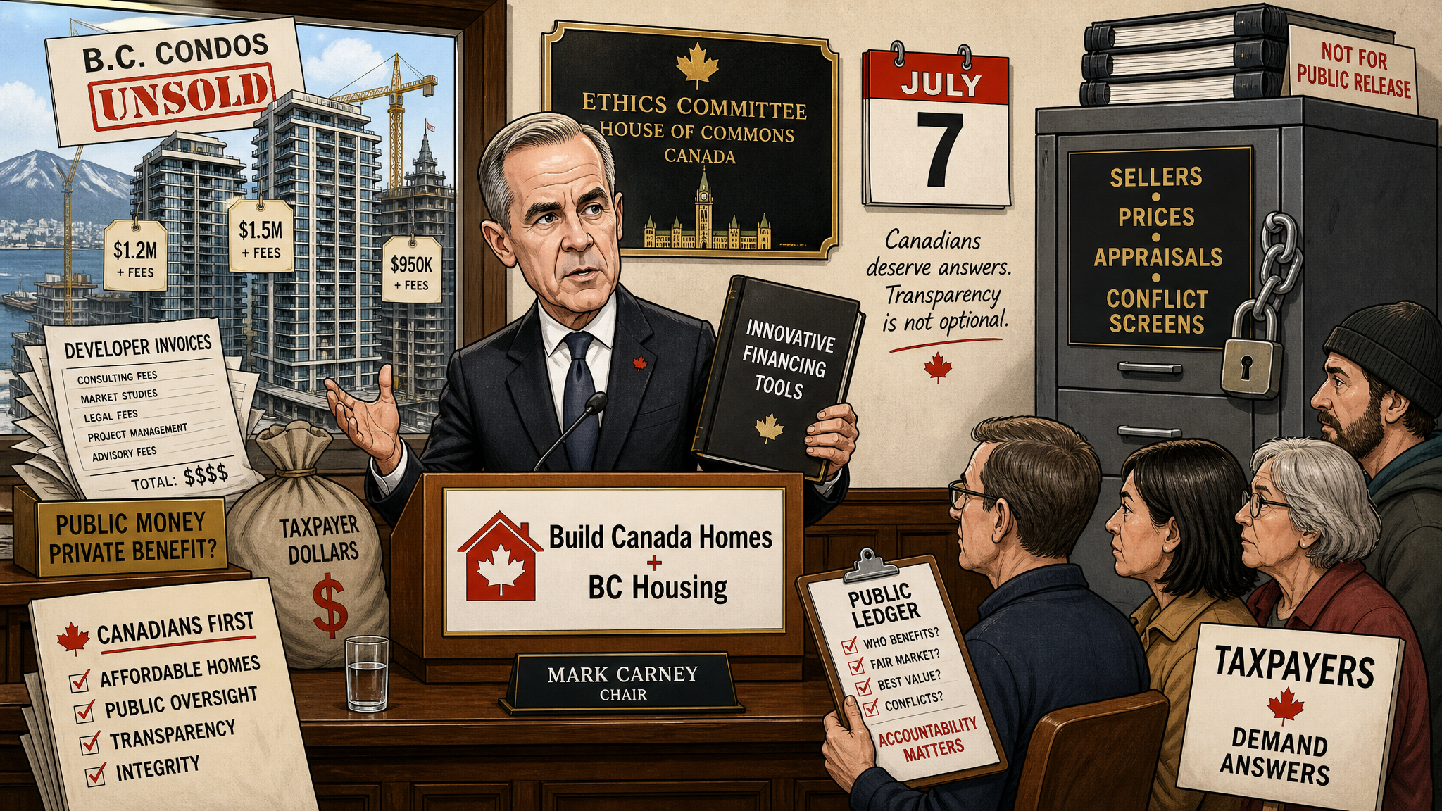 Editorial cartoon showing Mark Carney at an ethics committee lectern beside unsold B.C. condos while taxpayers demand seller, price, appraisal and conflict-screen receipts