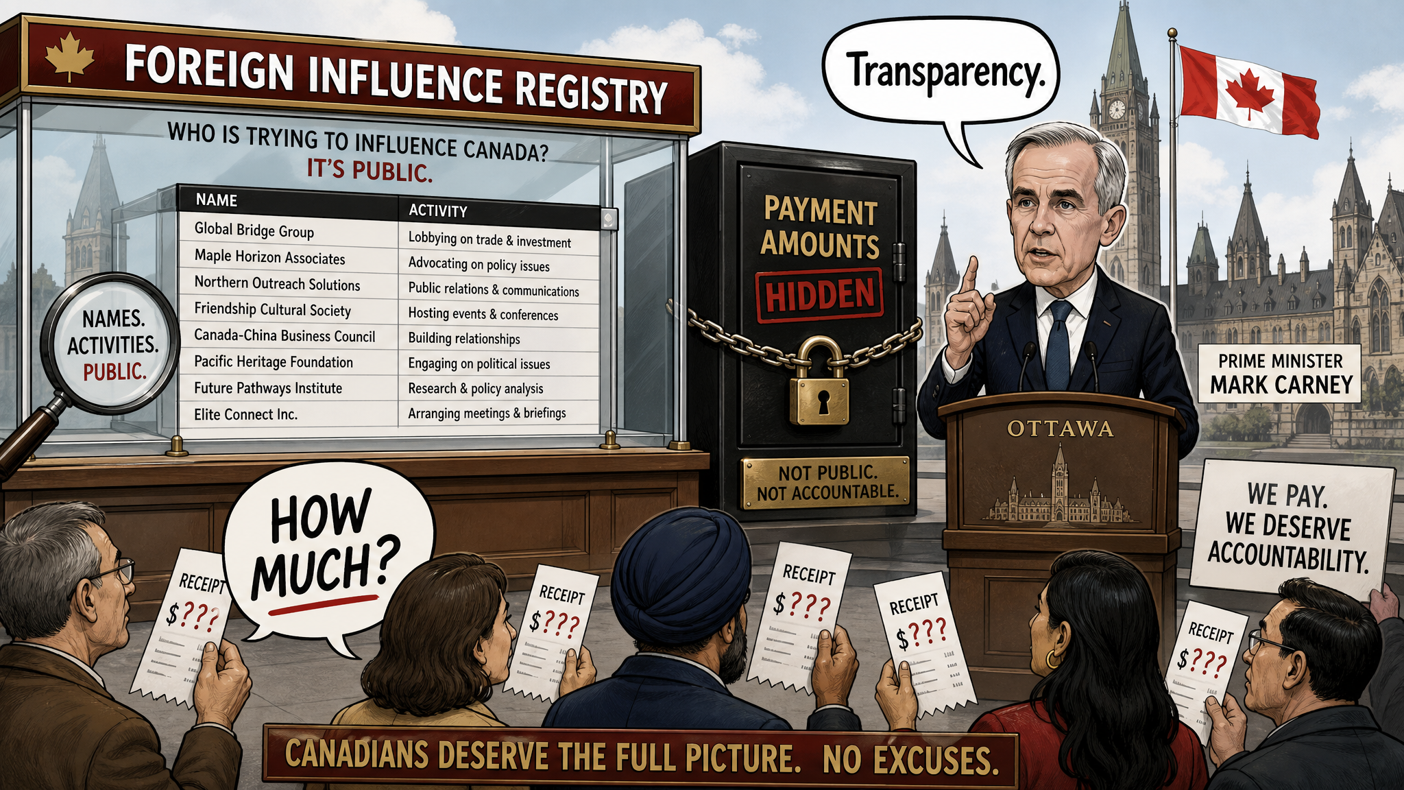 Editorial cartoon showing a foreign influence registry with payment amounts hidden while taxpayers ask how much foreign agents were paid