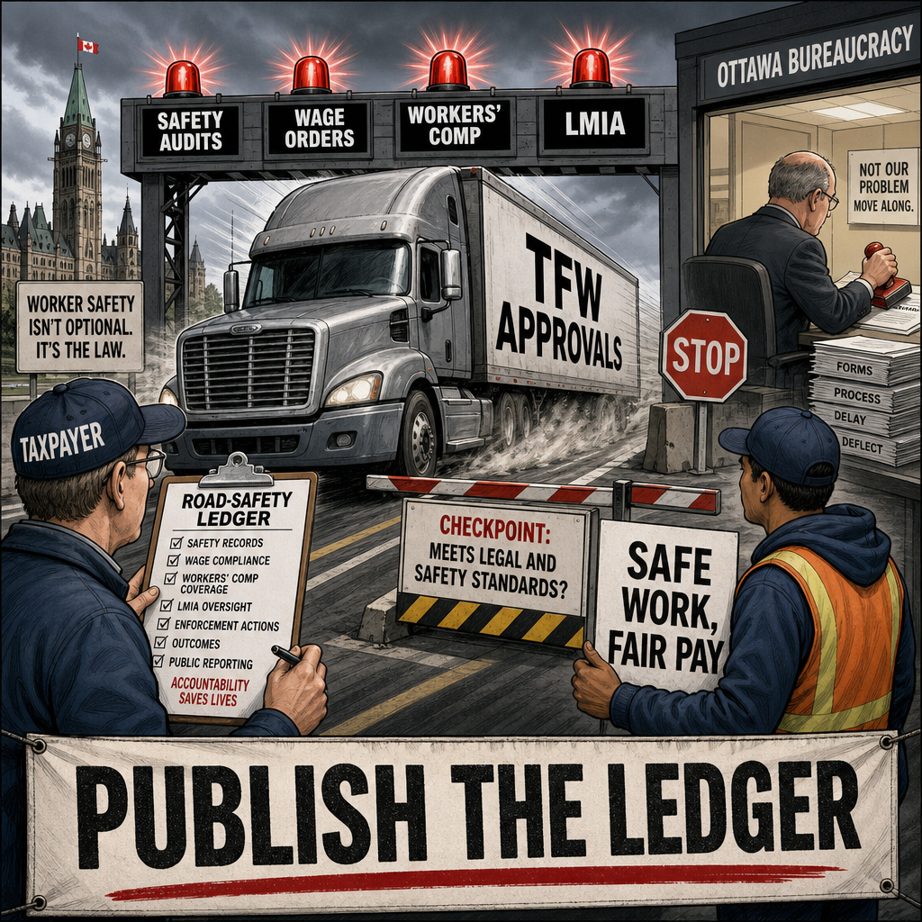 Editorial cartoon showing a trucking TFW approval checkpoint where taxpayers demand a public road-safety and LMIA ledger