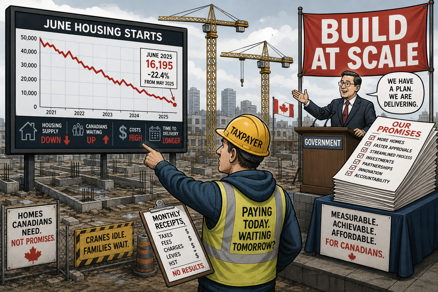 Editorial cartoon showing a Canadian housing construction site dashboard with June housing starts trending downward while taxpayers demand monthly homebuilding receipts
