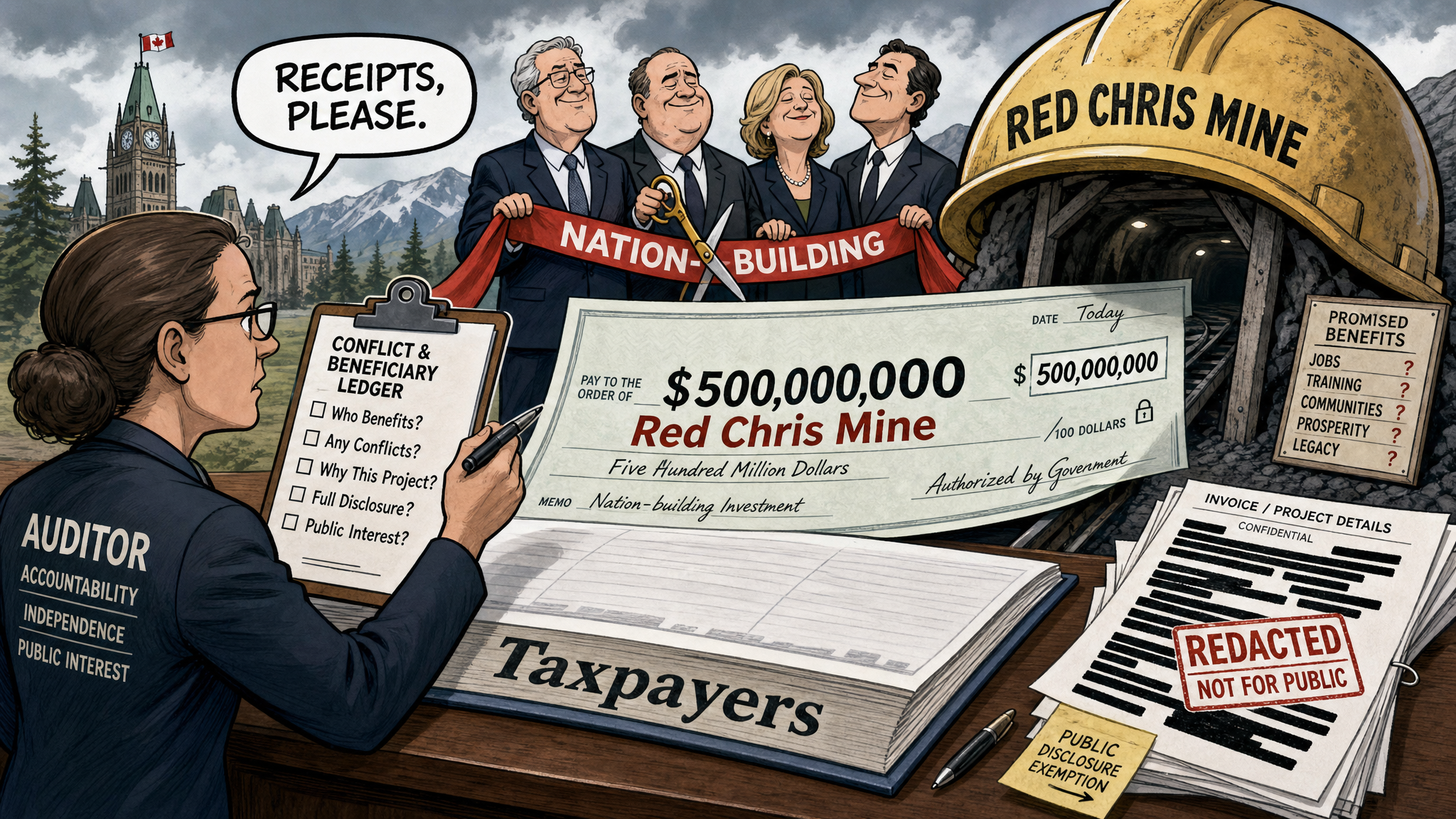 Editorial cartoon showing a taxpayer chequebook funding the Red Chris Mine while an auditor demands a conflict and beneficiary ledger