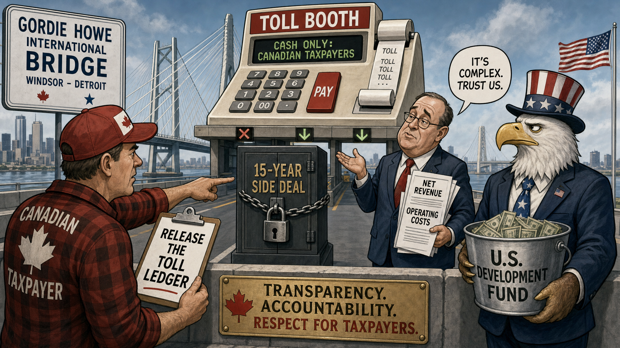 Editorial cartoon showing the Gordie Howe Bridge toll booth with a locked 15-year side deal cabinet while a taxpayer demands the full toll ledger