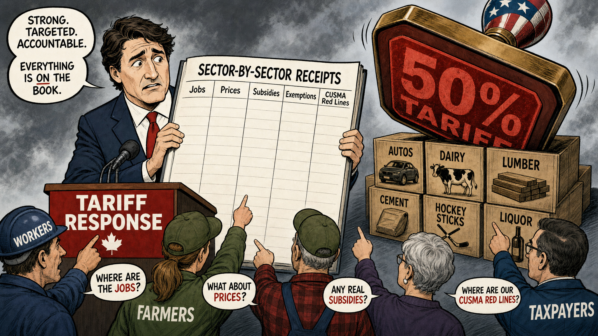 Editorial cartoon showing a Canadian prime minister figure holding a sector-by-sector tariff receipts ledger while workers and taxpayers demand job, price and subsidy details