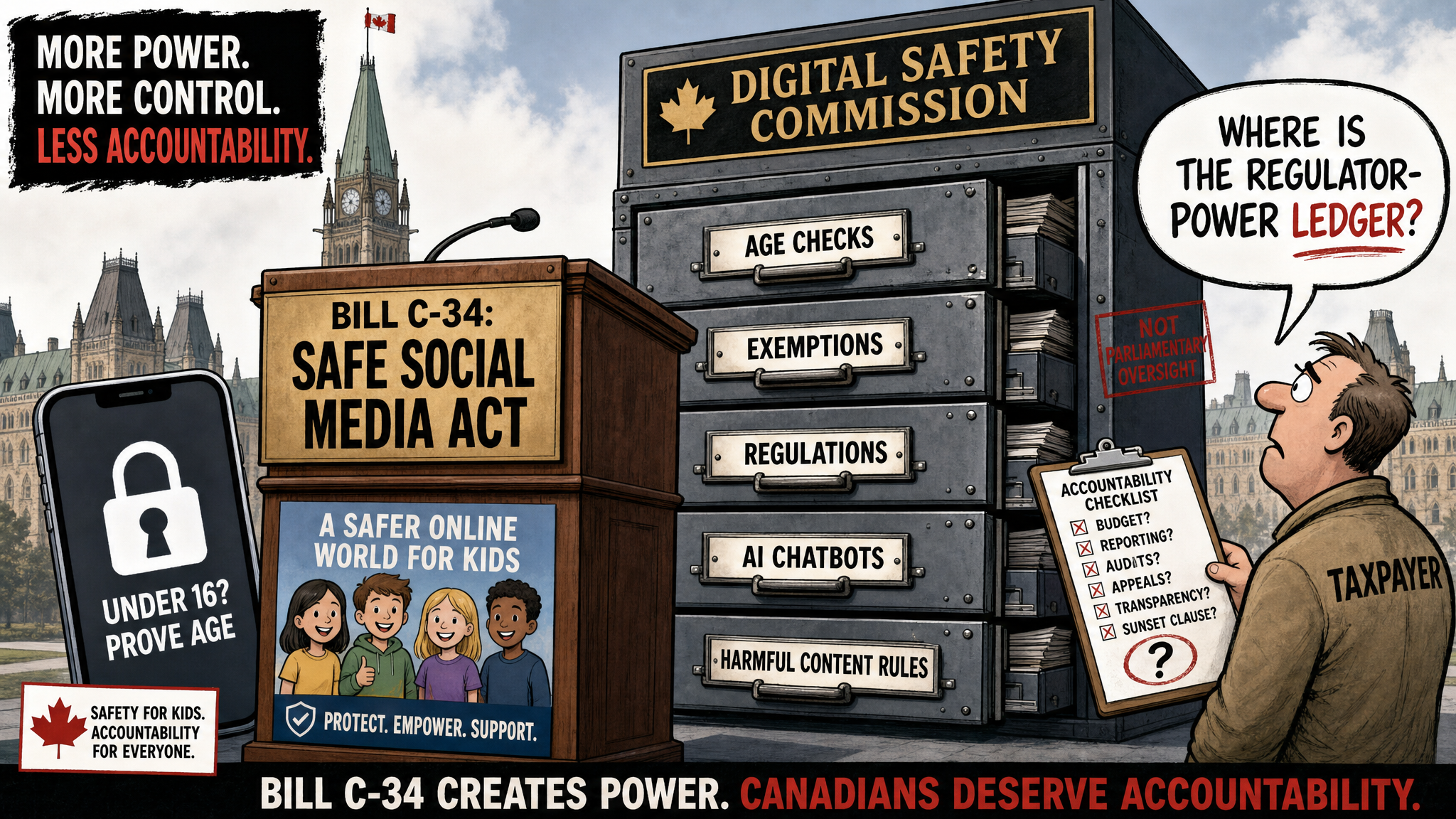 Editorial cartoon showing Bill C-34 child-safety messaging in front of a Digital Safety Commission cabinet while a taxpayer asks for the regulator-power ledger