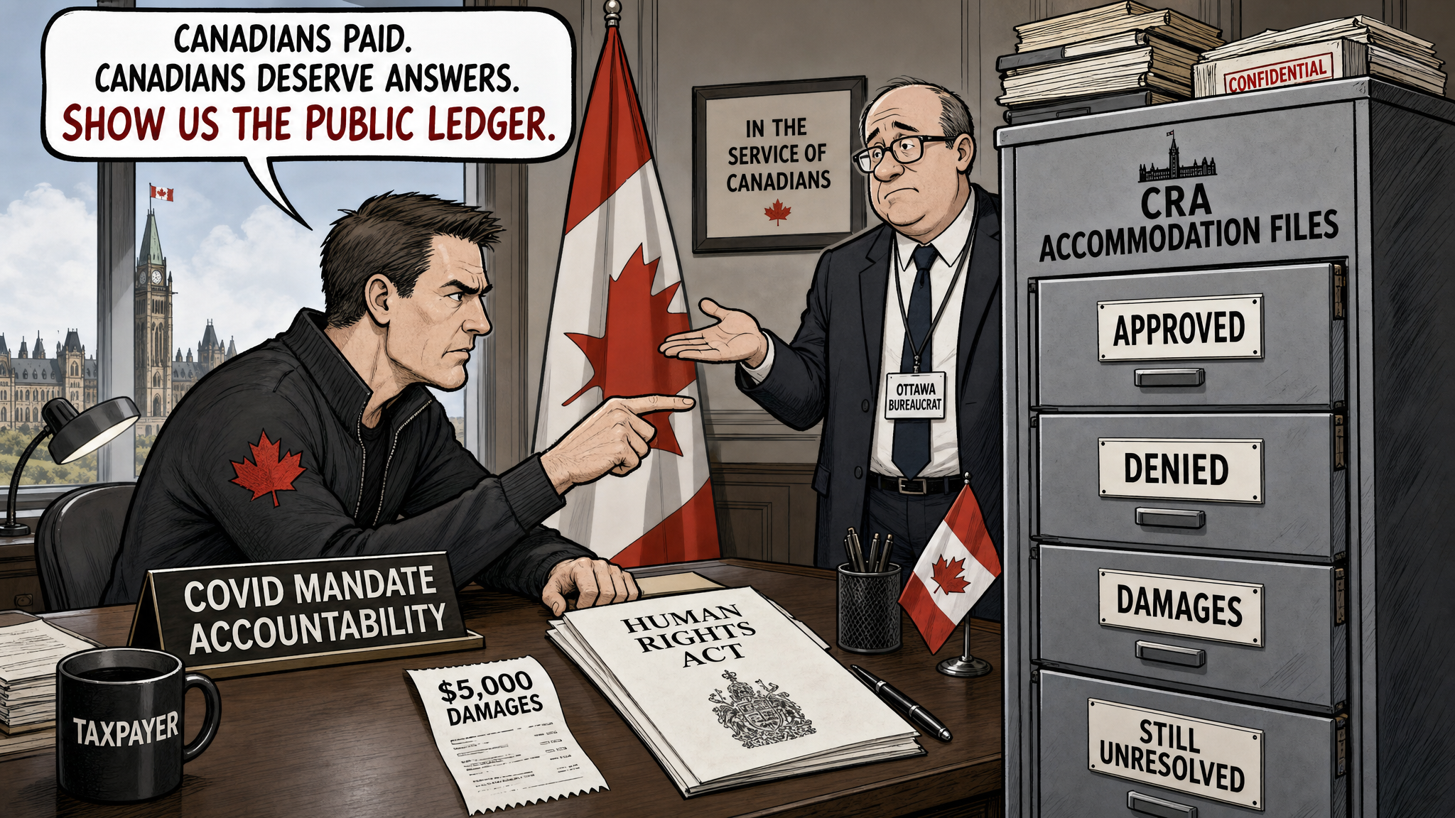Editorial cartoon showing a taxpayer asking for the CRA COVID mandate accommodation ledger while a bureaucrat stands beside files marked approved, denied, damages and unresolved