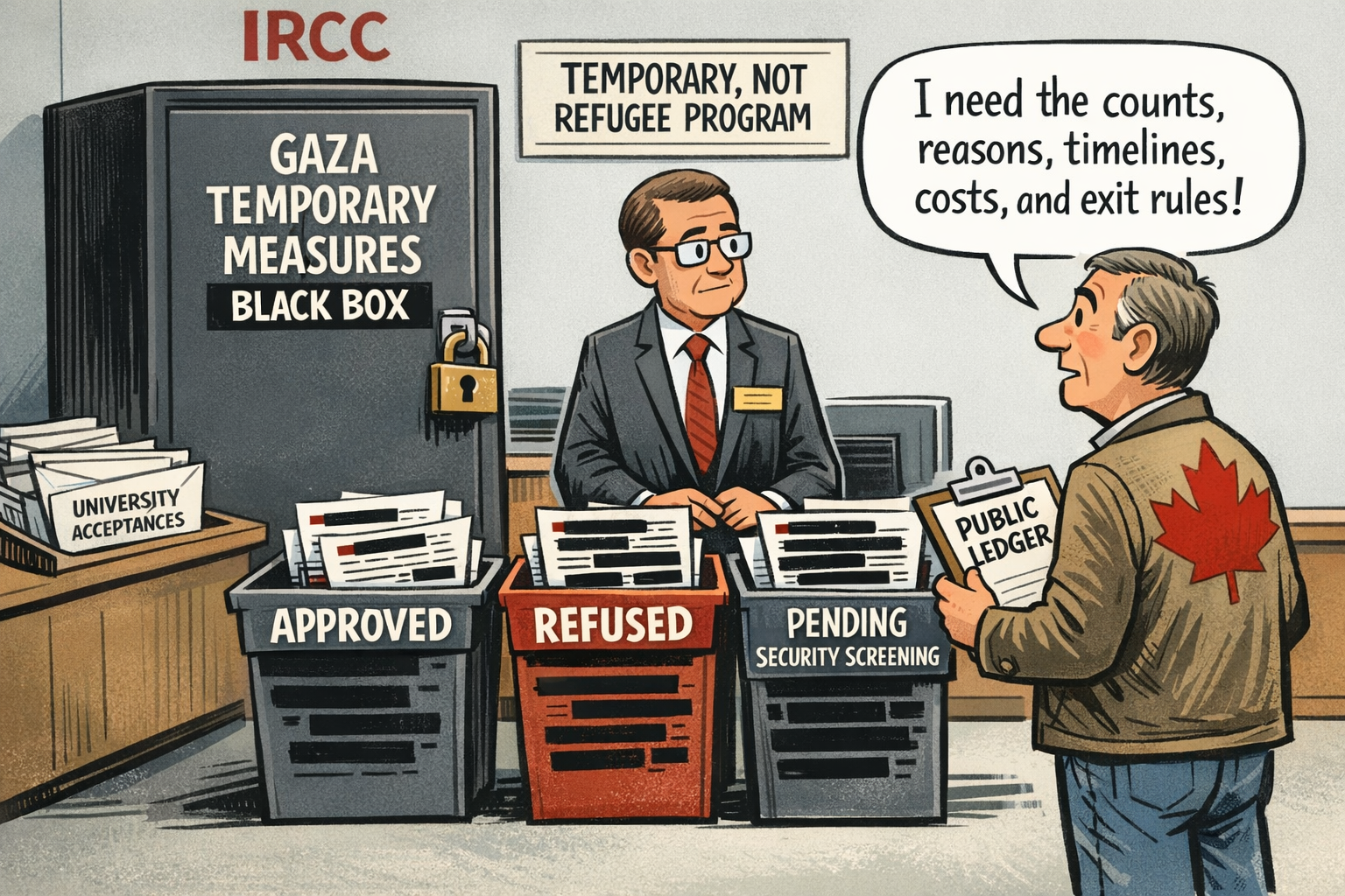 Editorial cartoon showing an IRCC Gaza temporary measures black box with approval, refusal and security-screening bins while a taxpayer demands a public ledger