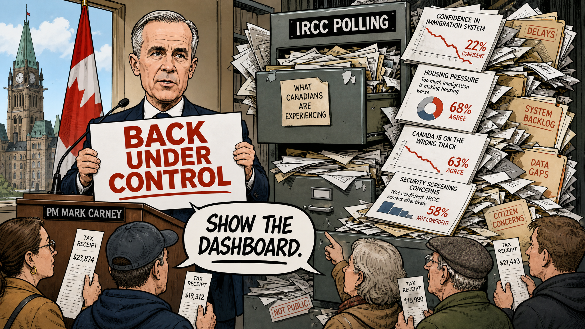 Editorial cartoon showing Mark Carney claiming immigration is back under control while IRCC polling files spill out behind him