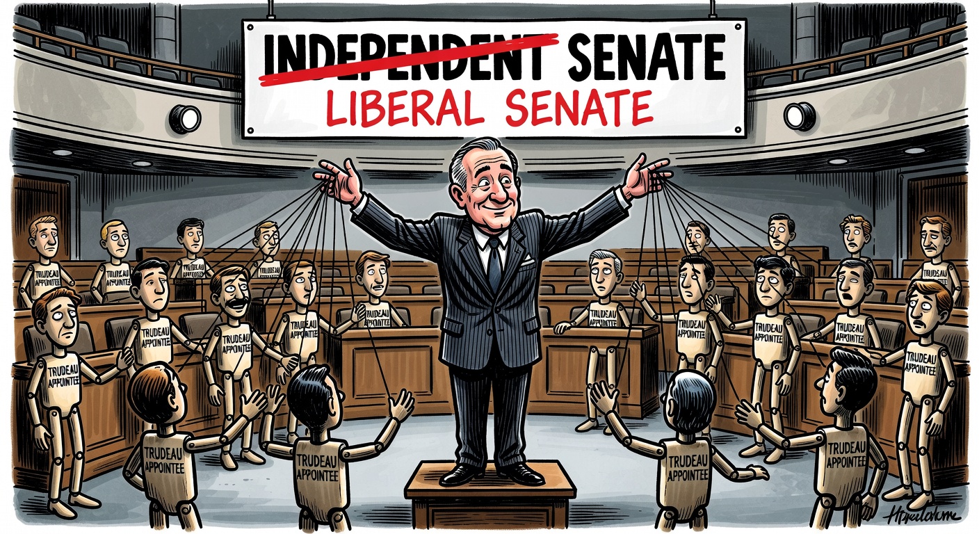 Mark Carney as puppeteer controlling a Senate chamber full of Trudeau-appointee puppet senators