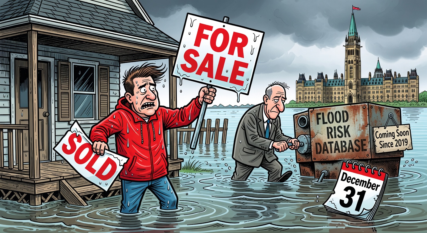 A young Canadian homebuyer stands in floodwater on the porch of a half-submerged bungalow holding a For Sale sign while a federal bureaucrat hand-cranks a rusty machine labelled Flood Risk Database Coming Soon Since 2019, a December 31 calendar page floating away on the water