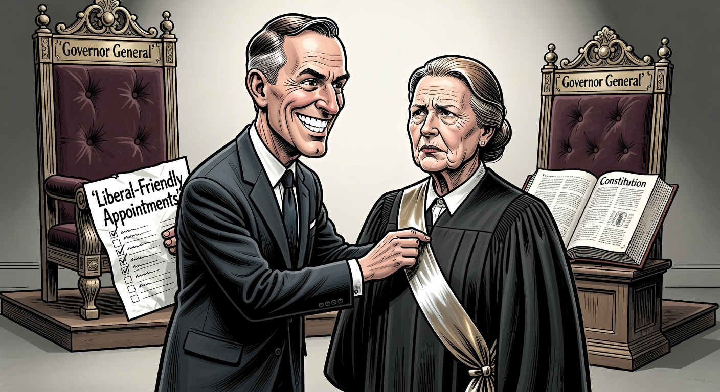 Carney pins Governor General sash on Louise Arbour while holding a Liberal-Friendly Appointments checklist behind his back
