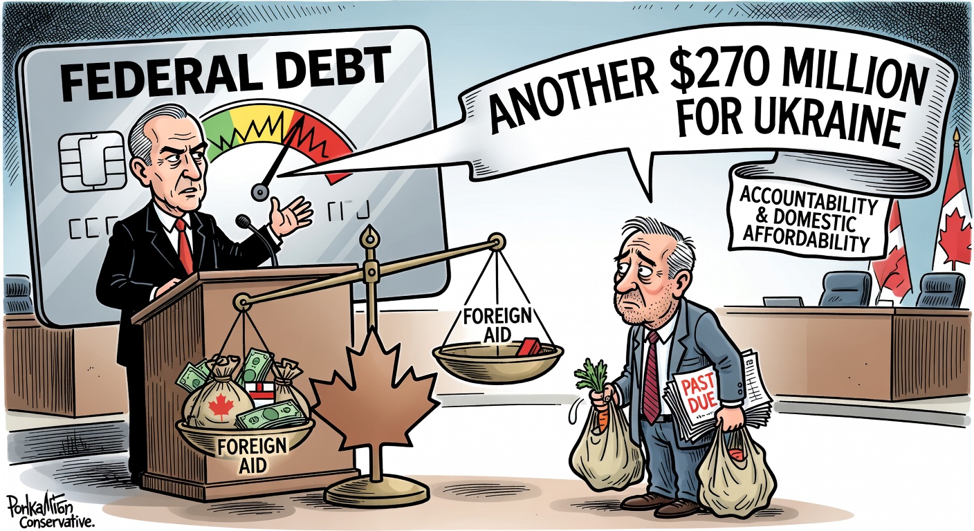 Mark Carney announces Ukraine aid beside a federal debt credit card while a taxpayer holds grocery and rent bills