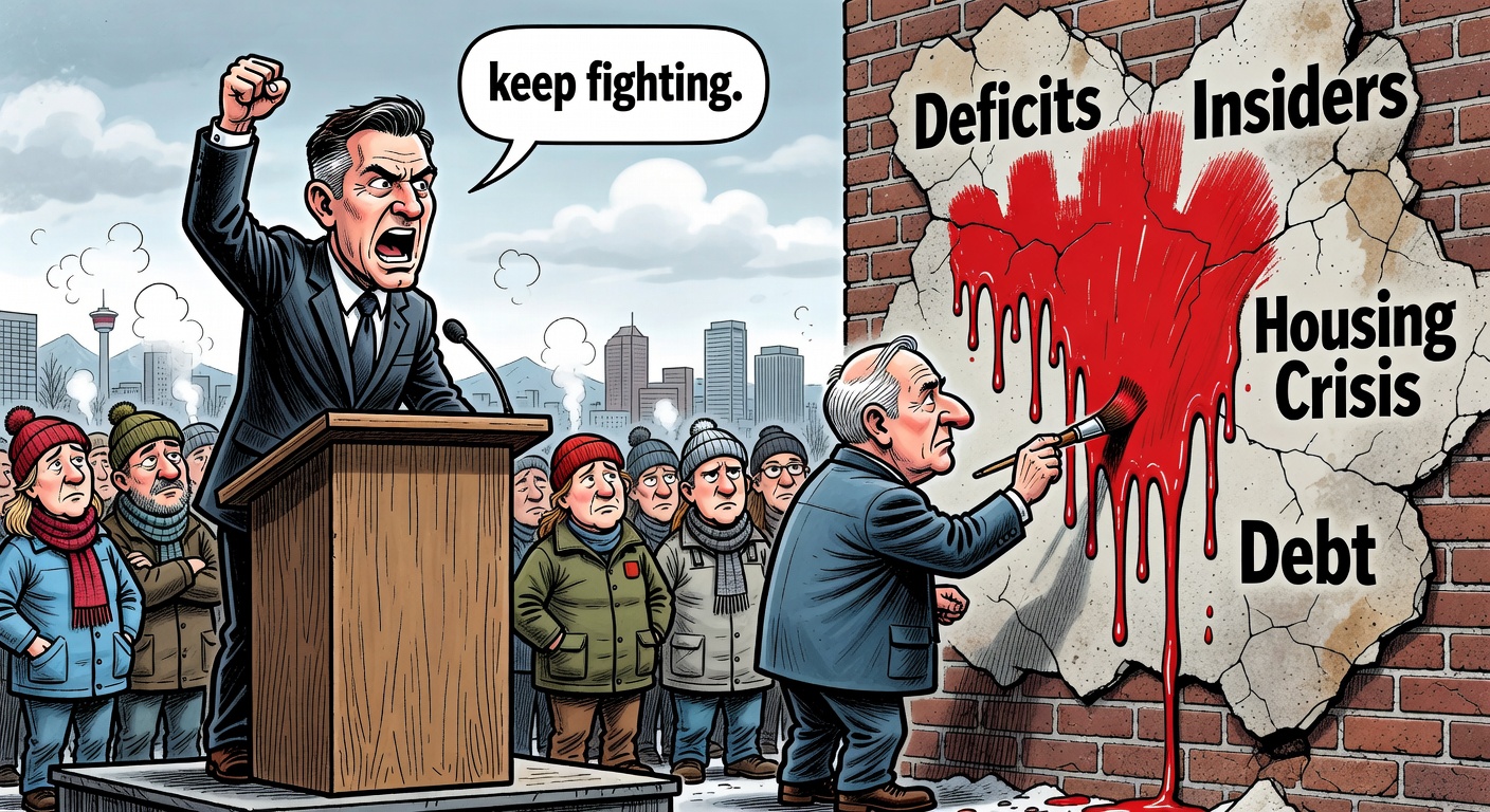 Pierre Poilievre at a podium while Mark Carney paints over old Liberal problems labelled deficits insiders housing and debt
