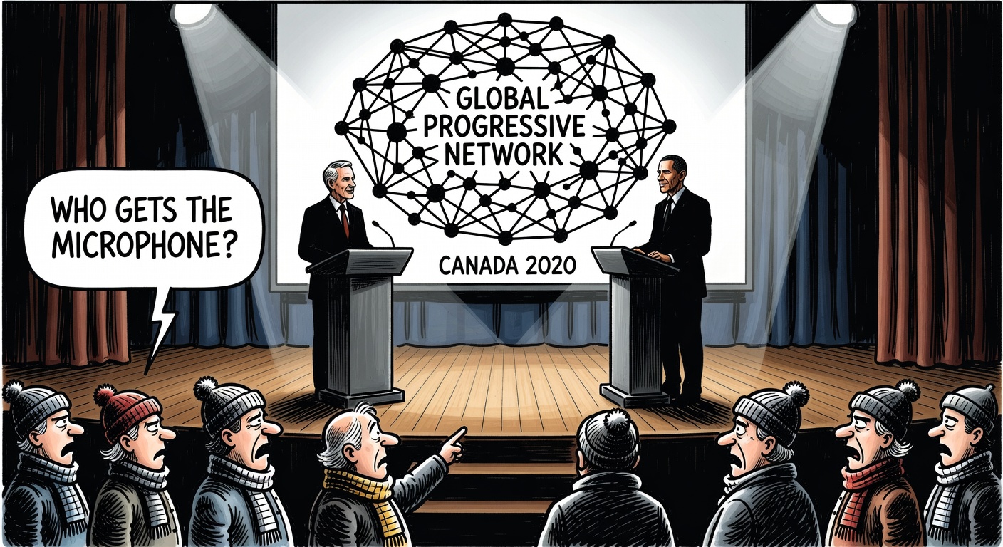 Canada 2020 gala stage and global progressive network diagram while taxpayers ask who gets the microphone