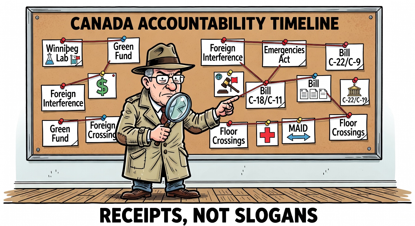 Editorial cartoon of a Canada accountability timeline board listing major Liberal-era scandals and policy fights