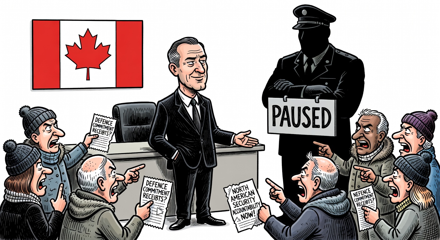 Editorial cartoon about Carney downplaying the Canada-U.S. Permanent Joint Board on Defense pause