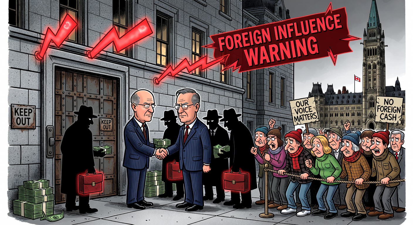 Editorial cartoon about Mark Carney, closed-door Liberal fundraising, China-linked access and voters kept outside