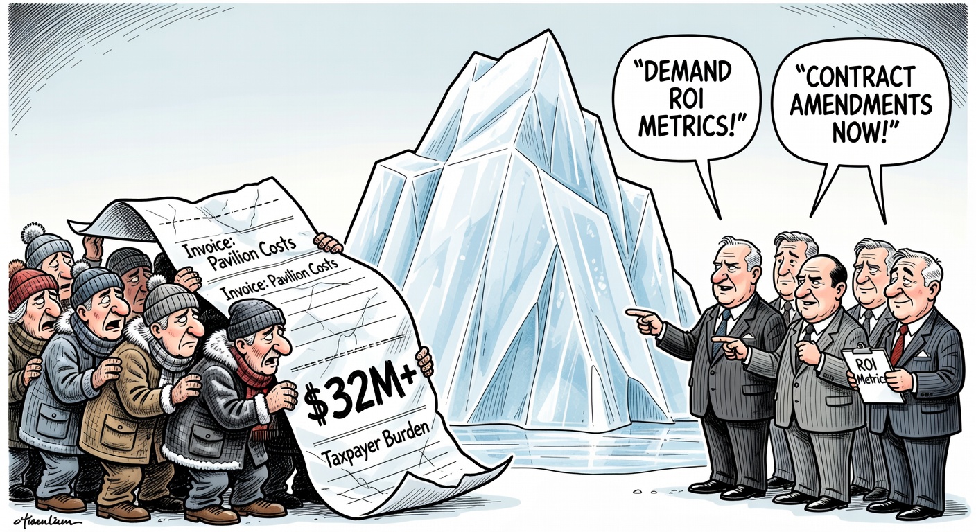 Editorial cartoon about Canada's Osaka Expo iceberg pavilion invoice and taxpayers demanding ROI receipts