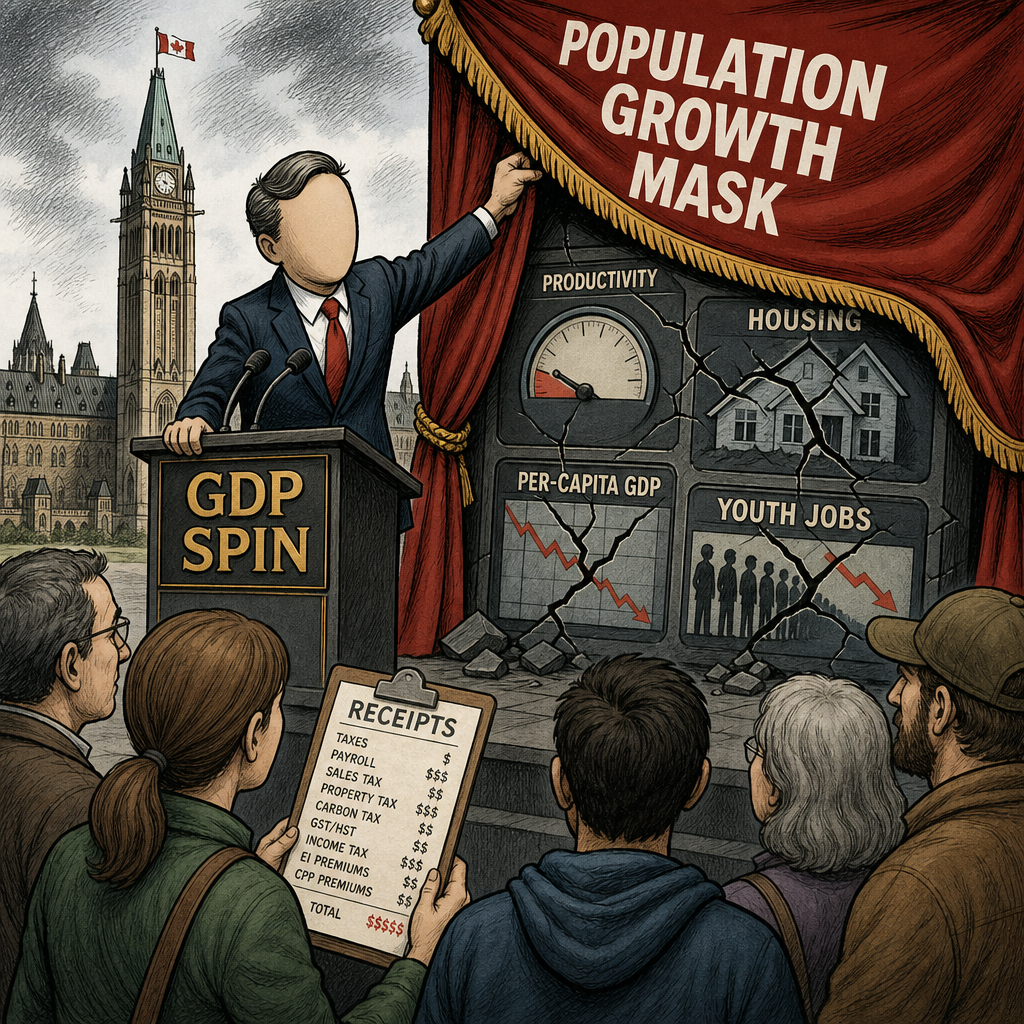 Editorial cartoon showing a population-growth mask being lifted from cracked economic indicators while taxpayers ask for receipts