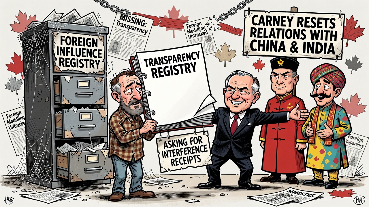 Editorial cartoon showing an empty foreign influence transparency registry binder while a taxpayer asks Ottawa for interference receipts as diplomacy resets continue