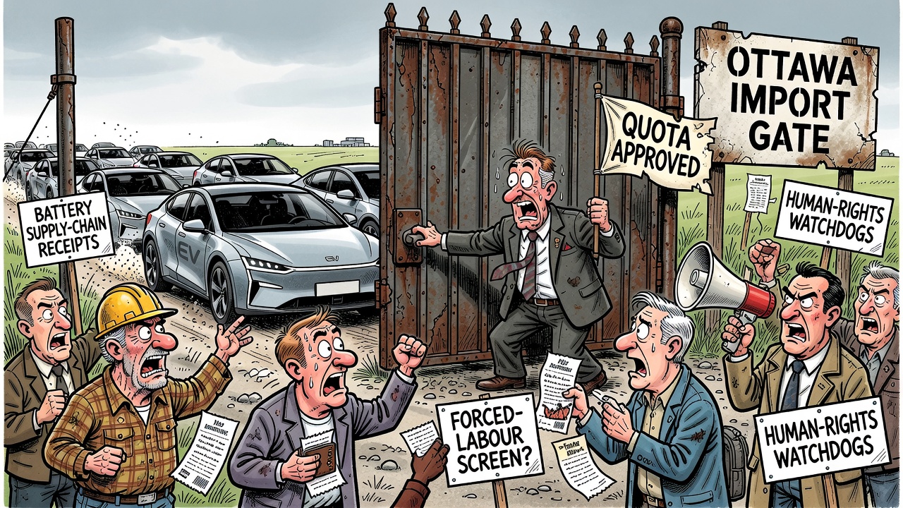 Editorial cartoon showing Ottawa opening a Chinese EV quota gate while taxpayers, auto workers and human-rights watchdogs demand battery supply-chain forced-labour receipts