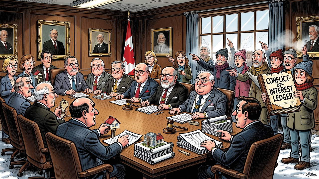 Editorial cartoon showing renters outside a cabinet housing meeting while ministers with landlord portfolios sit at the table