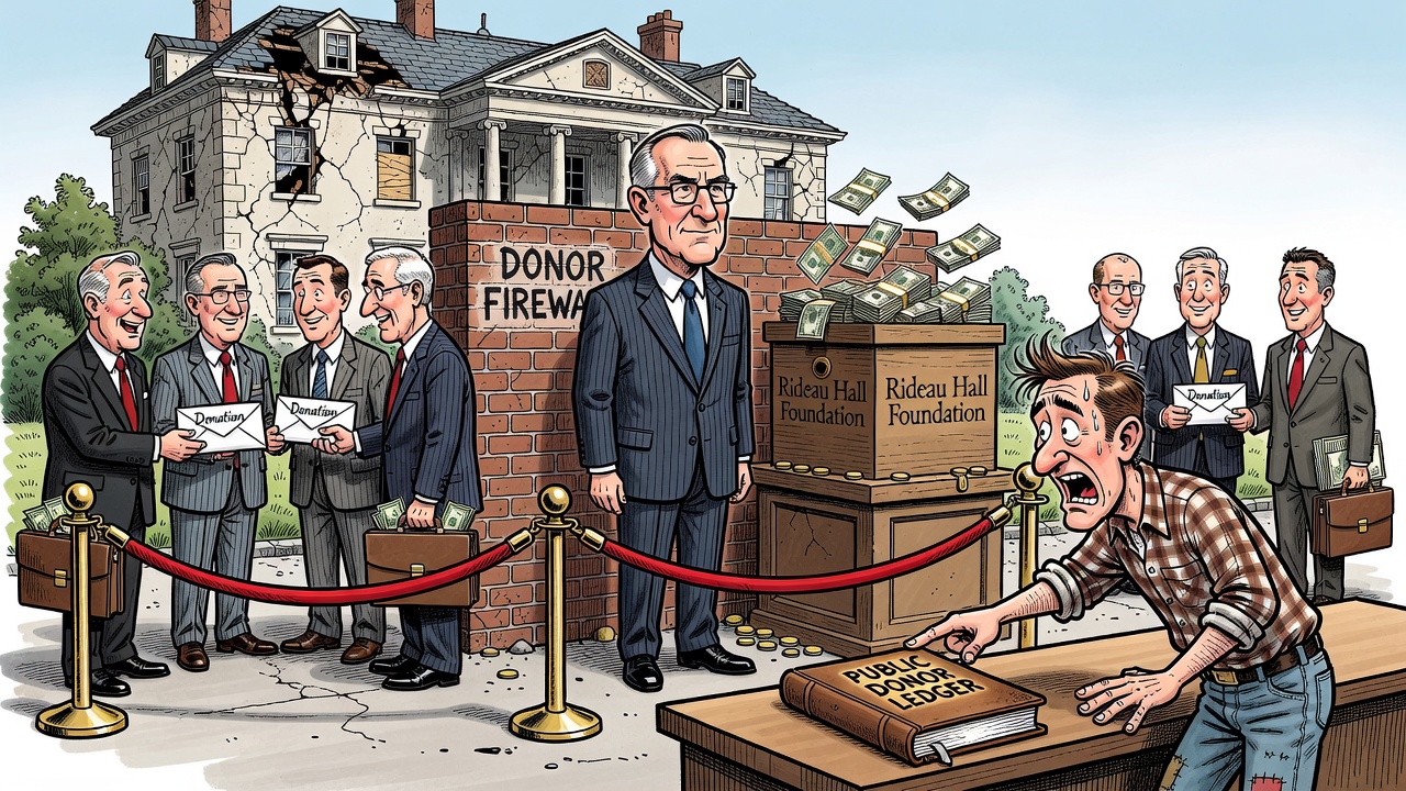 Editorial cartoon showing a 24 Sussex donation box, lobbyists waiting at a velvet rope and a taxpayer demanding a public donor firewall