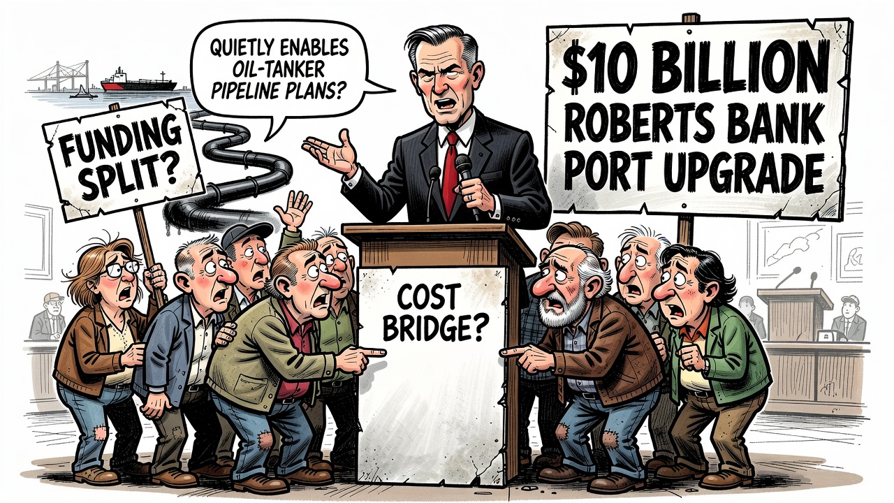 Editorial cartoon showing Mark Carney announcing a $10 billion Roberts Bank port upgrade while taxpayers ask for the cost bridge, funding split and pipeline-use receipts