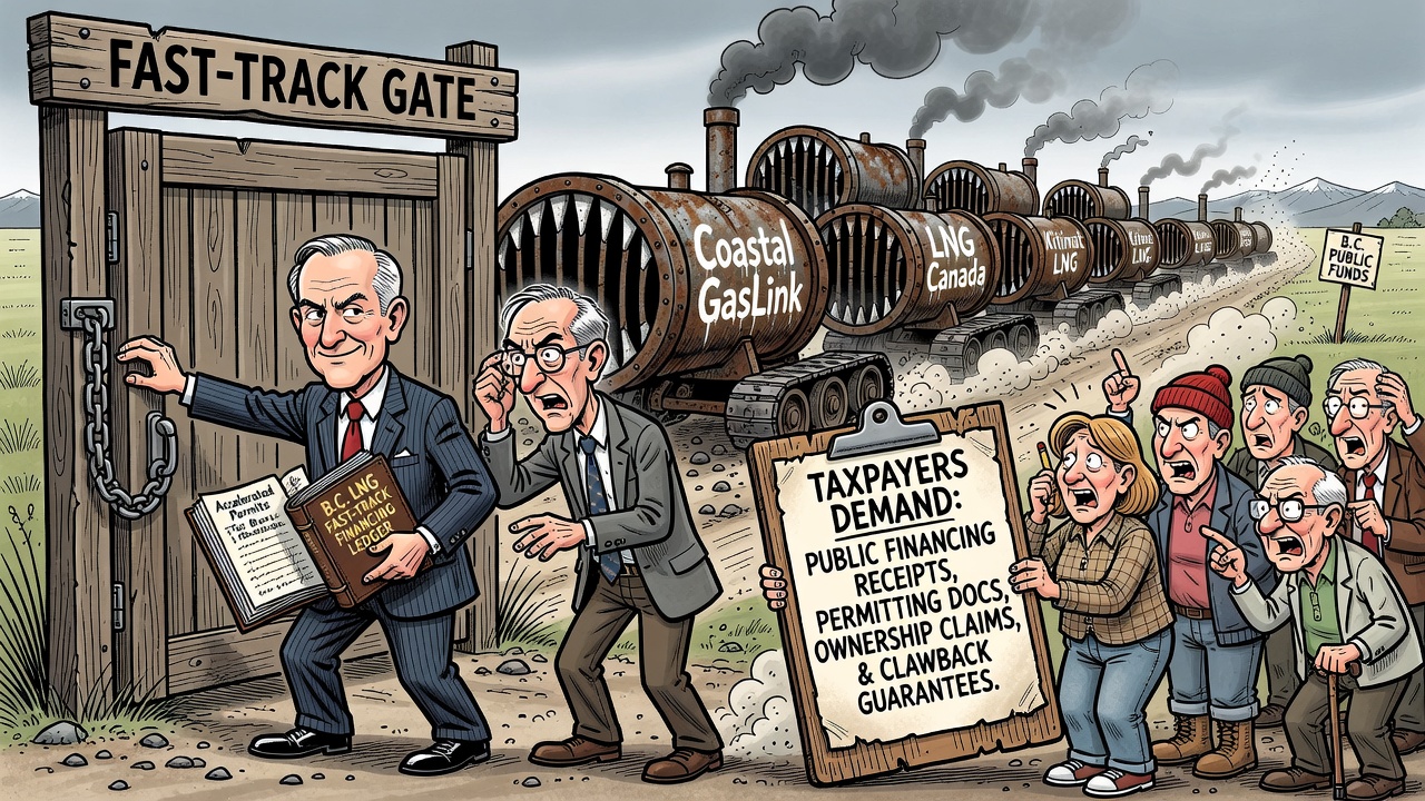 Editorial cartoon showing Mark Carney and David Eby fast-tracking B.C. LNG projects while taxpayers demand public financing and permitting receipts