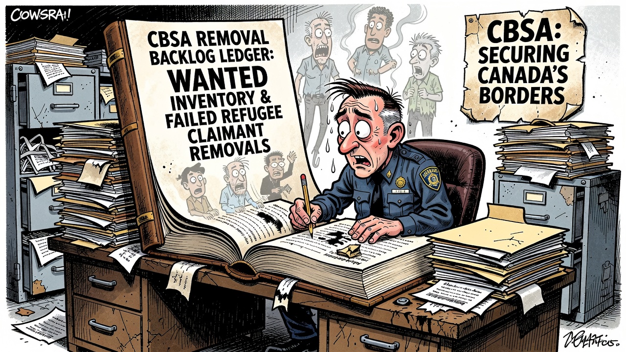 Editorial cartoon showing a CBSA removals ledger with wanted inventory, legal barriers and taxpayers asking for enforcement receipts