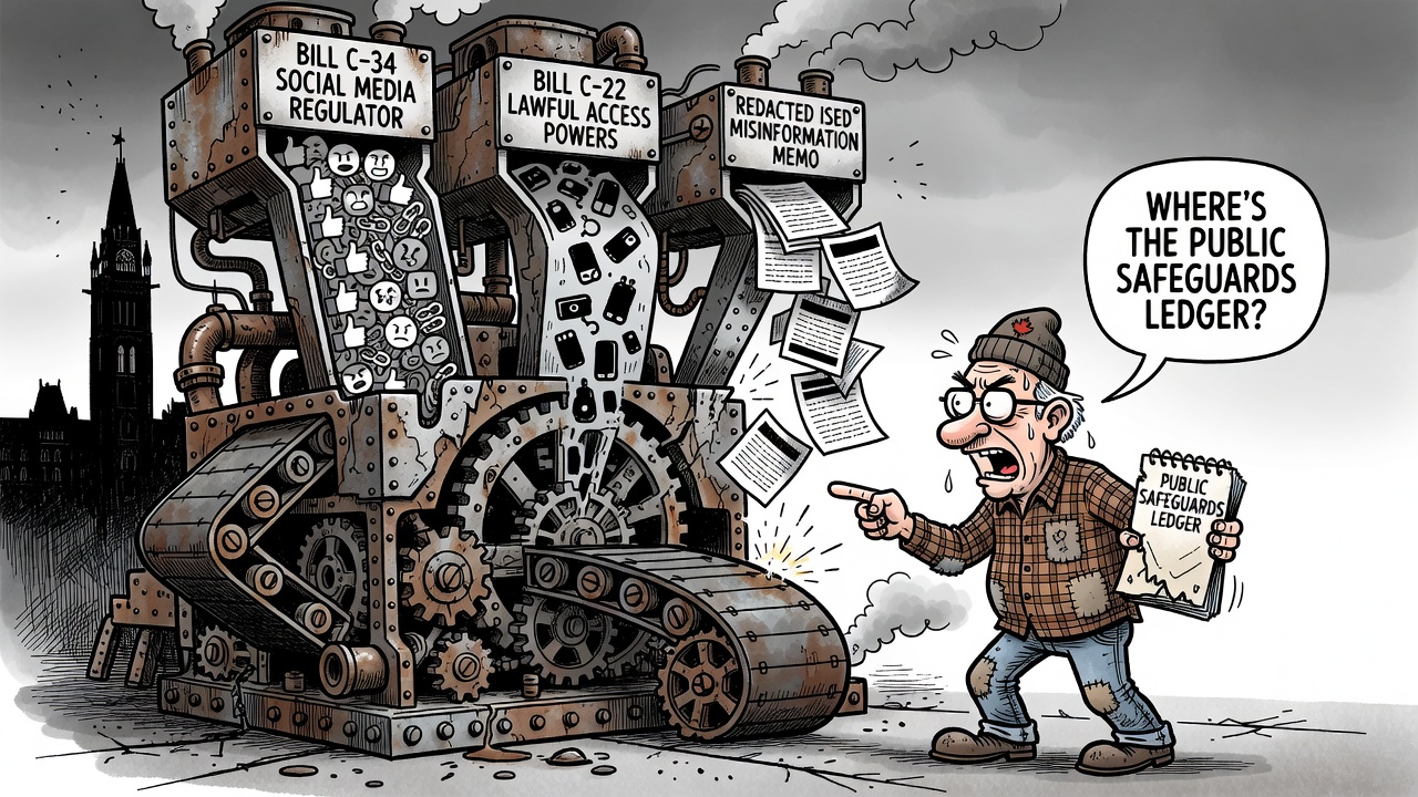 Editorial cartoon showing Ottawa’s online-control bills and a redacted misinformation memo feeding one machine while a taxpayer demands a safeguards ledger