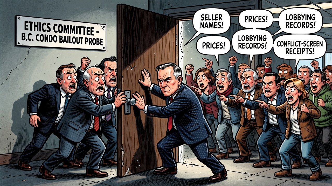 Editorial cartoon showing Liberal MPs closing an ethics committee door on a B.C. condo bailout probe while taxpayers demand seller, price, lobbying and conflict-screen receipts