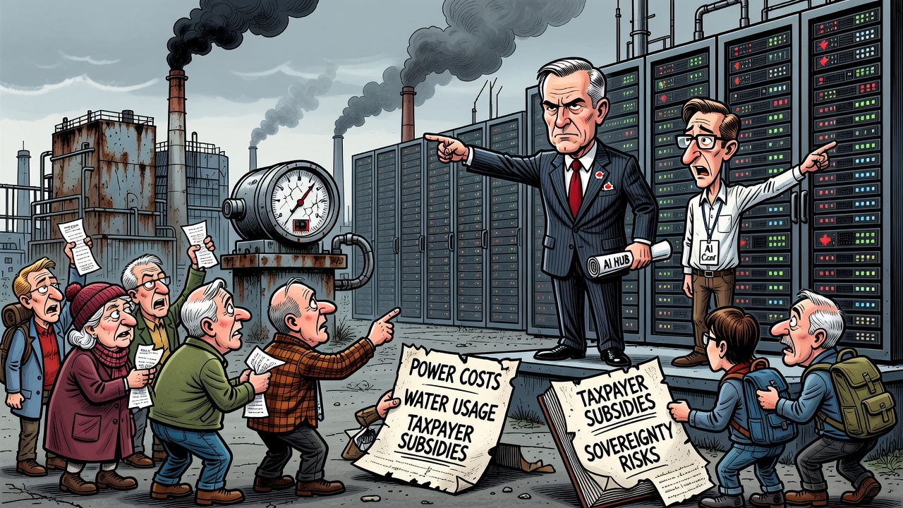 Editorial cartoon showing Ottawa pitching Canada as an AI data-centre hub while taxpayers demand the power, water, subsidy and sovereignty ledger
