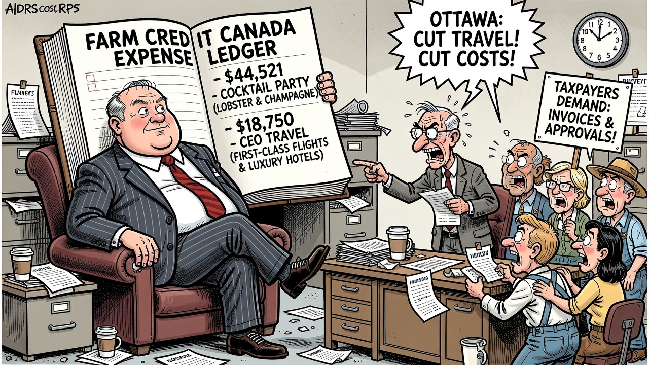 Editorial cartoon showing Farm Credit Canada executives at a cocktail party while taxpayers demand the Crown bank expense ledger