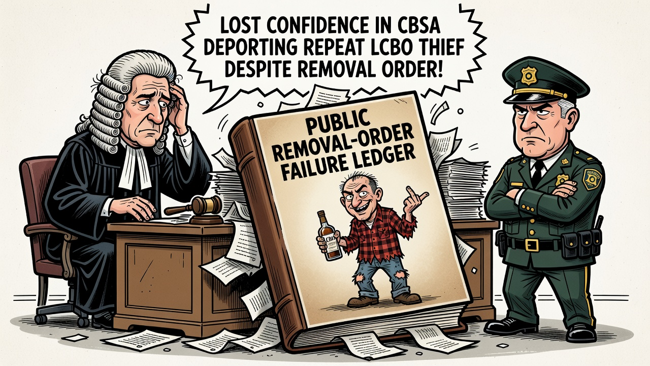 Editorial cartoon showing an Ontario judge and a taxpayer demanding CBSA removal-order failure receipts after repeated LCBO thefts