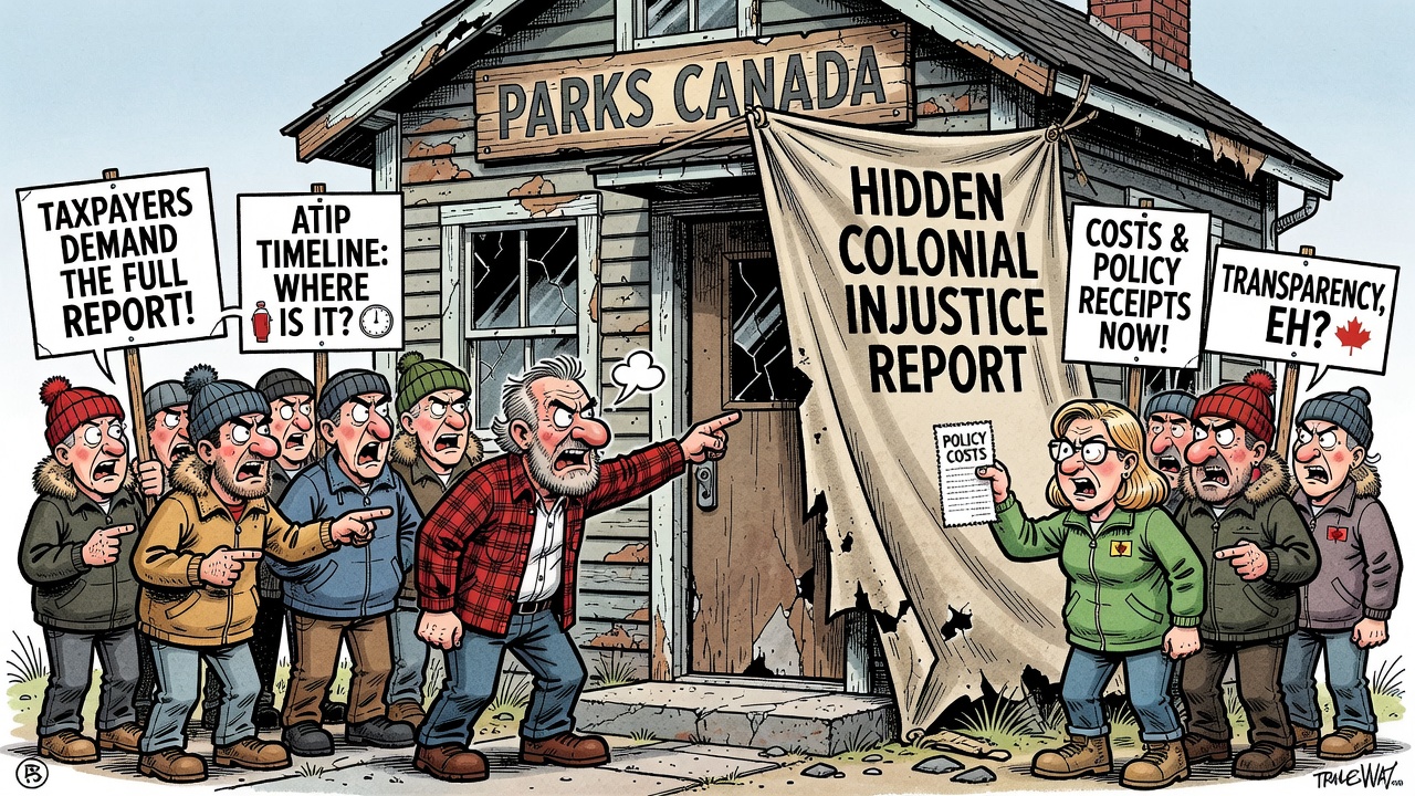 Editorial cartoon showing Parks Canada hiding a colonial injustice report while taxpayers demand the full report, costs and policy receipts