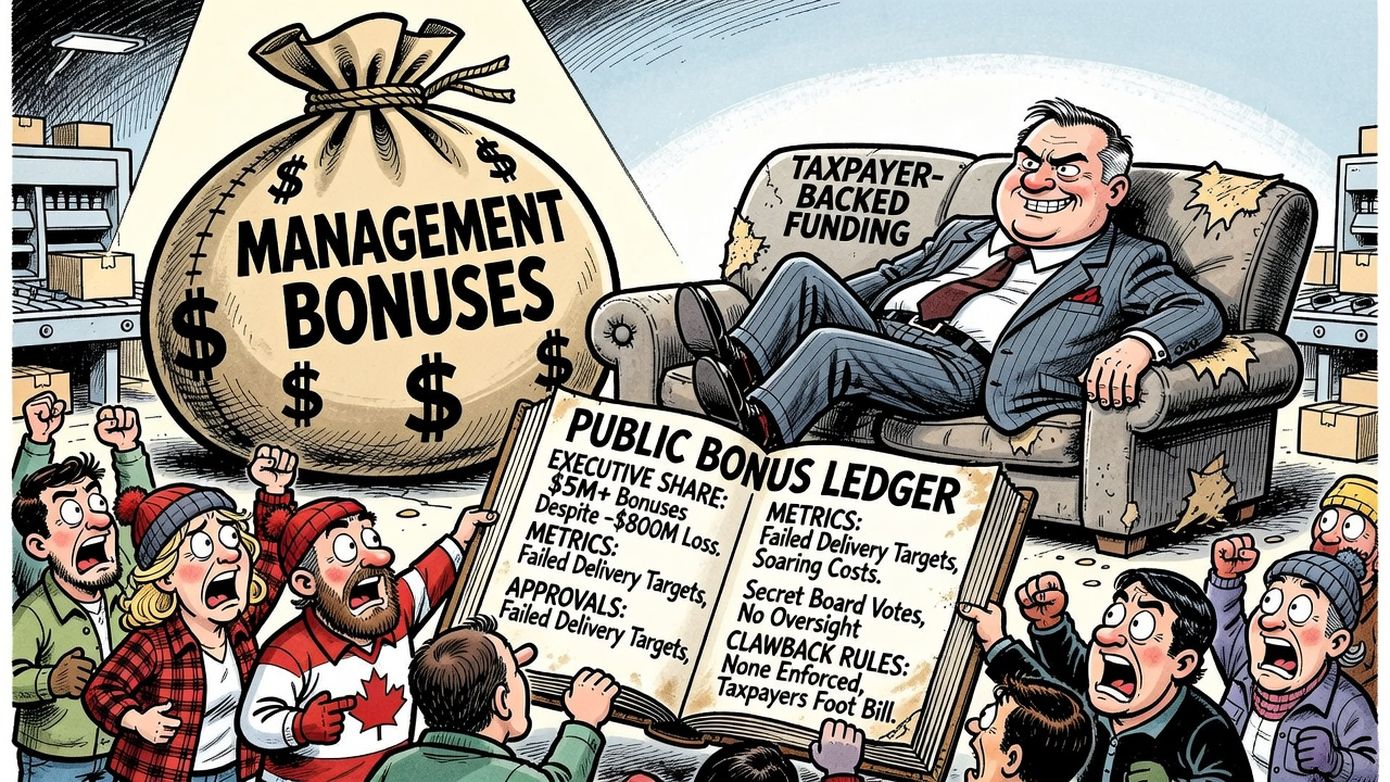 Editorial cartoon showing Canada Post management receiving bonus cheques while taxpayers demand a public bonus ledger beside a record loss sign
