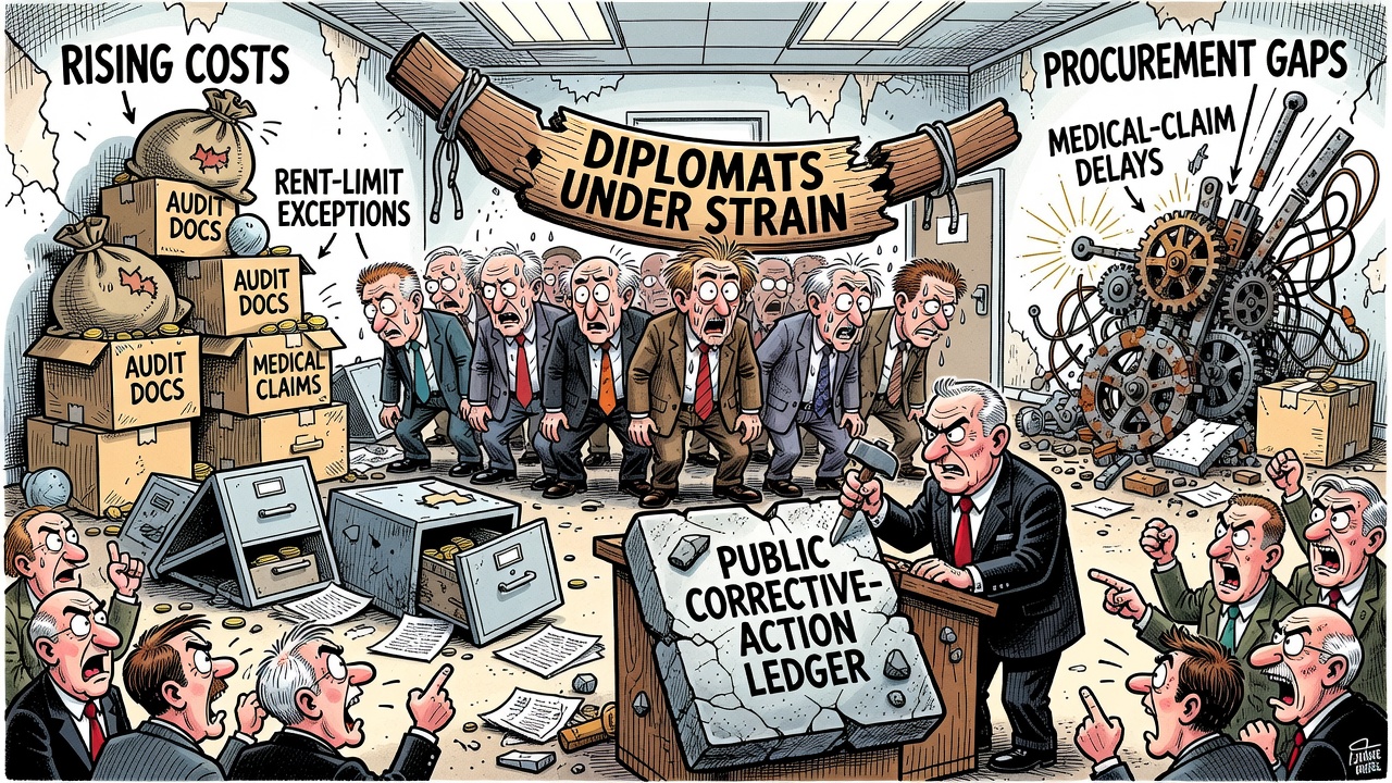 Editorial cartoon showing Global Affairs Canada U.S. missions with rising costs, housing pressure, medical claim delays and taxpayers demanding a public audit ledger