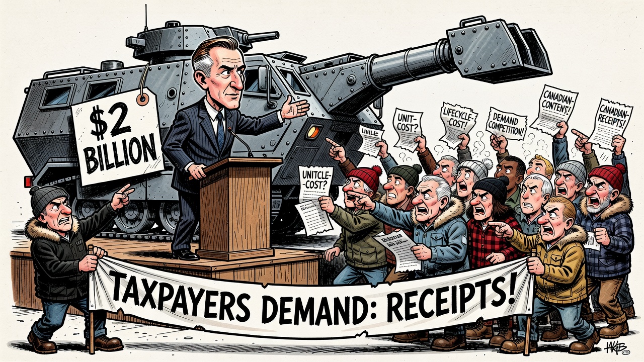 Editorial cartoon showing taxpayers demanding procurement receipts beside Carney and General Dynamics armoured vehicles
