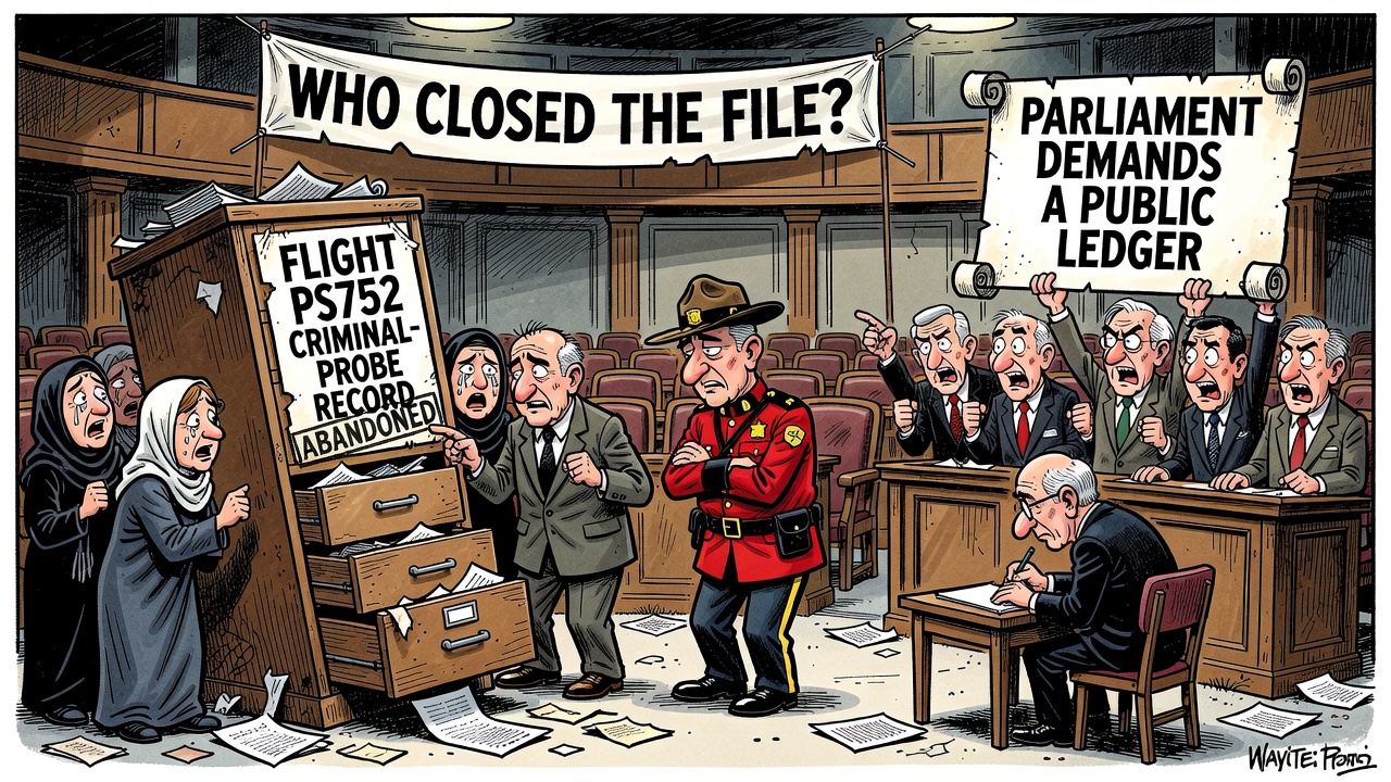 Editorial cartoon showing Flight PS752 families asking who closed the file while an RCMP cabinet marked no decision record sits beside a public ledger
