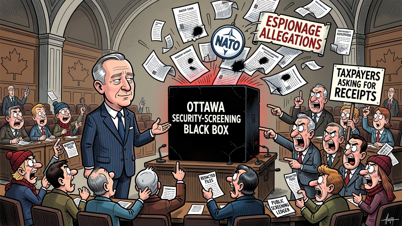 Editorial cartoon showing a NATO security-screening black box while Parliament and taxpayers demand a redacted public ledger from Ottawa