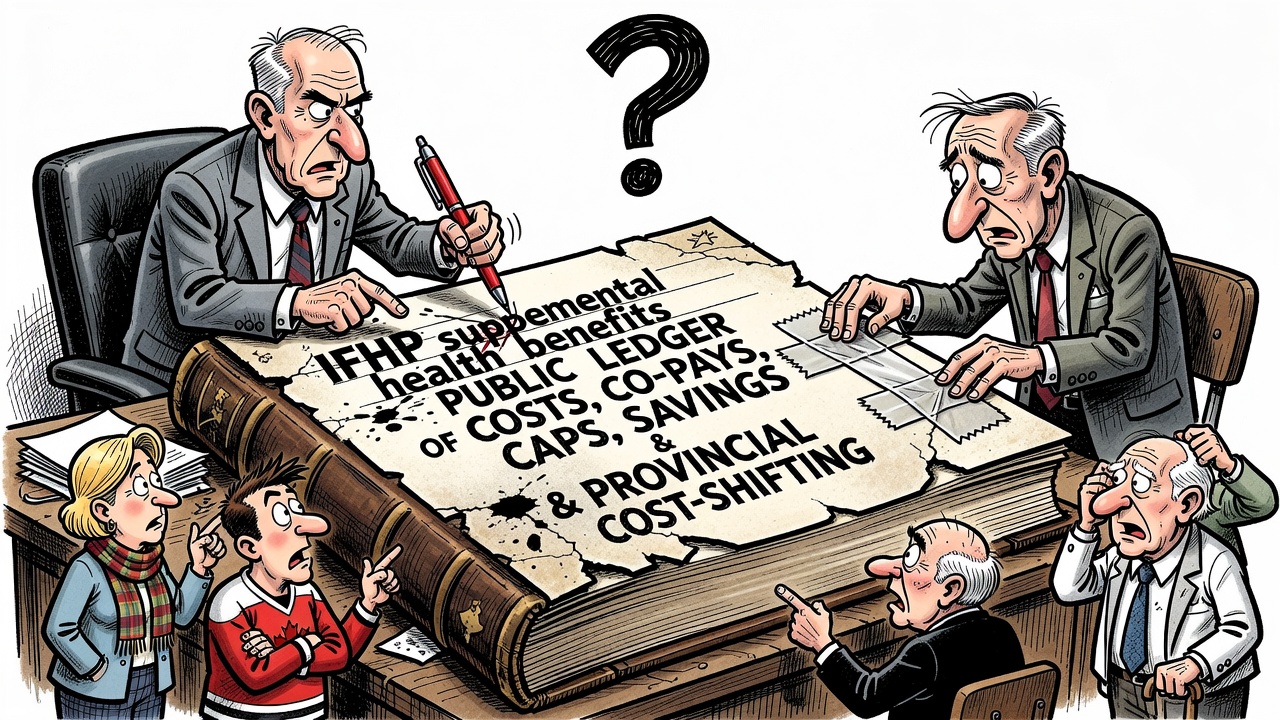 Editorial cartoon showing Ottawa reversing refugee health cuts while taxpayers ask for an IFHP cost, co-pay and coverage ledger