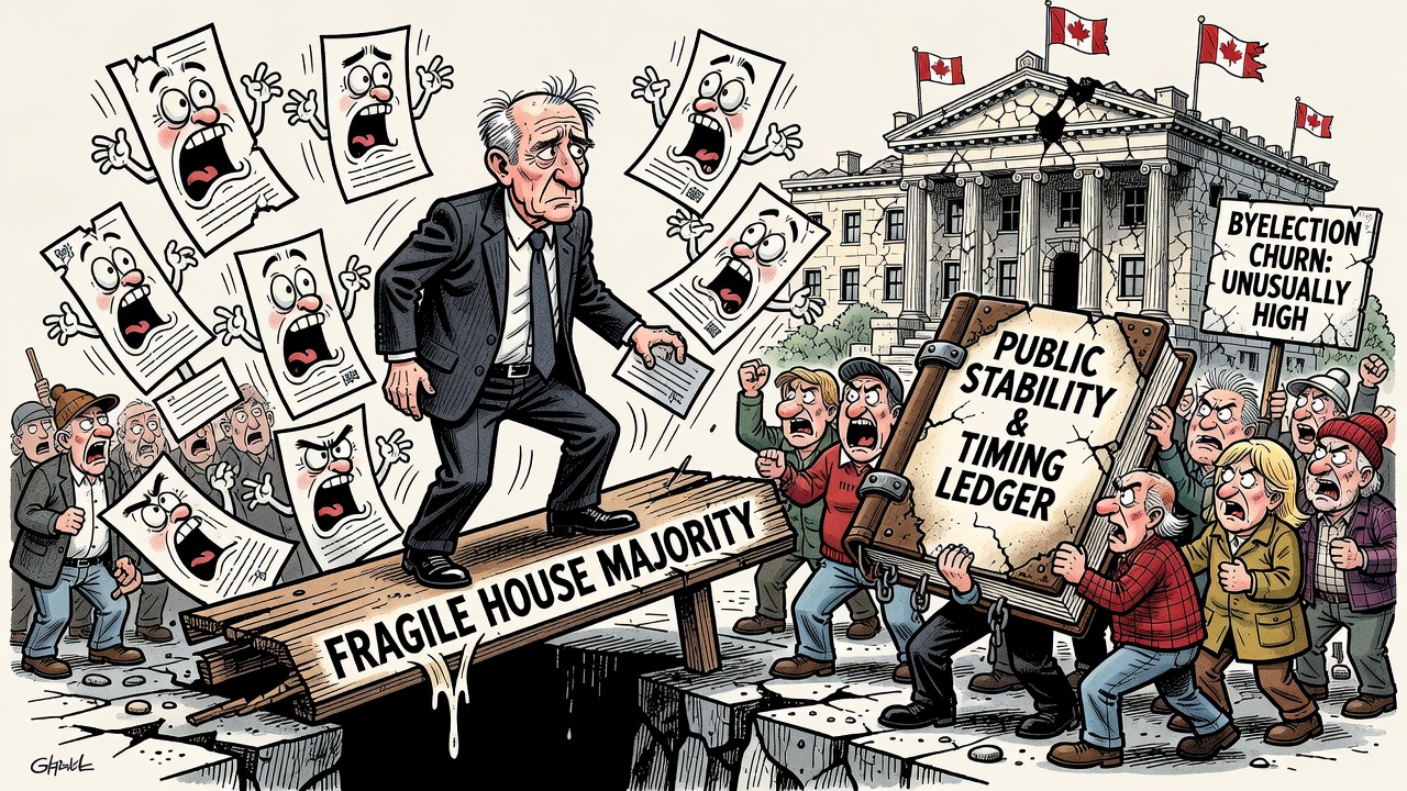Editorial cartoon showing Carney facing a row of byelection ballot boxes while taxpayers demand a majority-stability and timing ledger