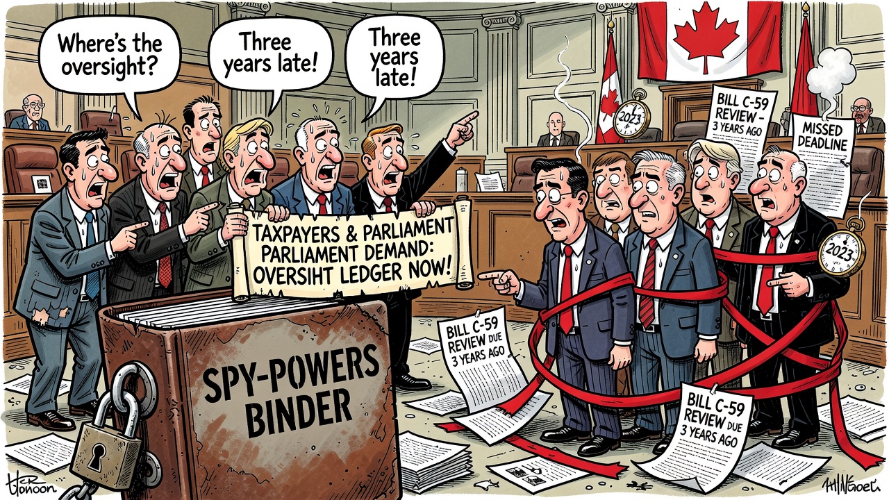 Editorial cartoon showing a locked Bill C-59 national-security powers binder while Parliament and taxpayers demand an overdue oversight review ledger