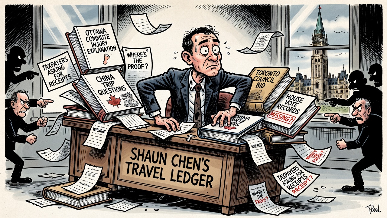Editorial cartoon showing Shaun Chen's resignation, travel records, House votes and Toronto council bid as a locked ledger while voters ask for receipts