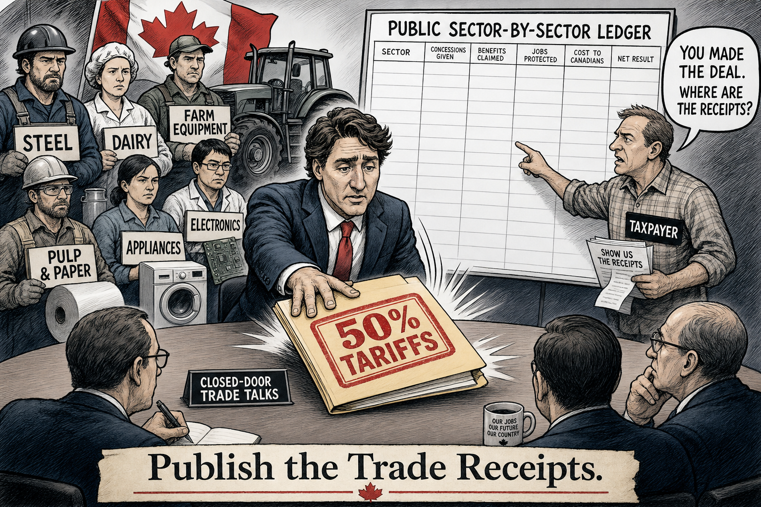 Editorial cartoon showing Canada-U.S. trade talks collapsing under a 50 percent tariff stamp while workers ask Ottawa to publish a sector-by-sector ledger