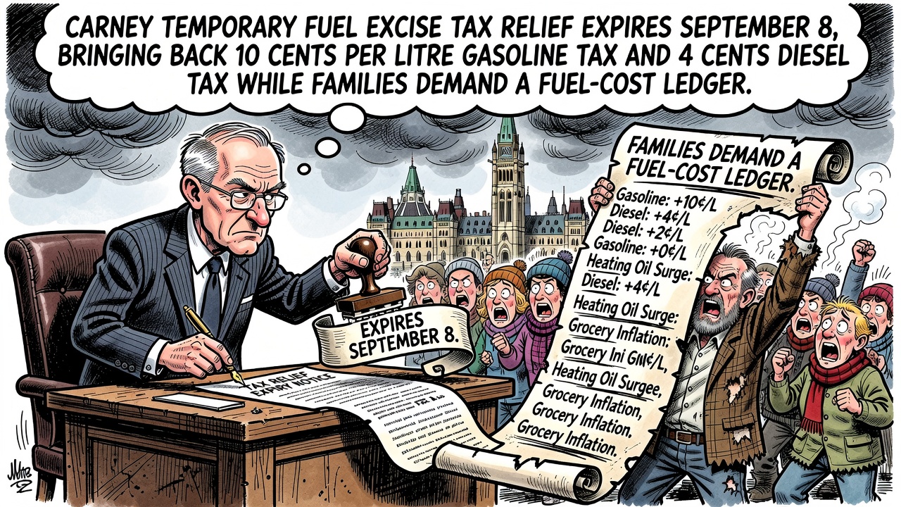 Editorial cartoon showing a September 8 fuel-tax restart at a gas pump while families, truckers and taxpayers demand a public cost ledger