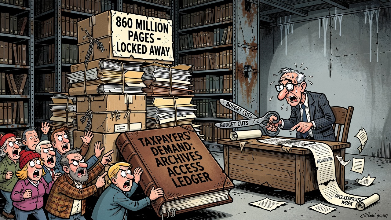 Editorial cartoon showing Library and Archives Canada with 860 million pages locked away while taxpayers demand a declassification and access ledger