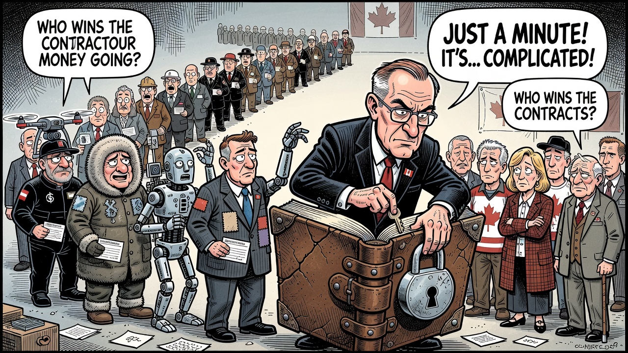 Editorial cartoon showing Mark Carney opening a locked defence procurement ledger while Canadian defence contractors line up for taxpayer cheques and citizens demand to know who wins.