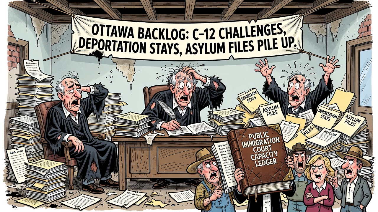 Editorial cartoon showing a Federal Court immigration backlog tower with judges working weekends while taxpayers demand filings, C-12 challenges, deportation stays and asylum backlog receipts.