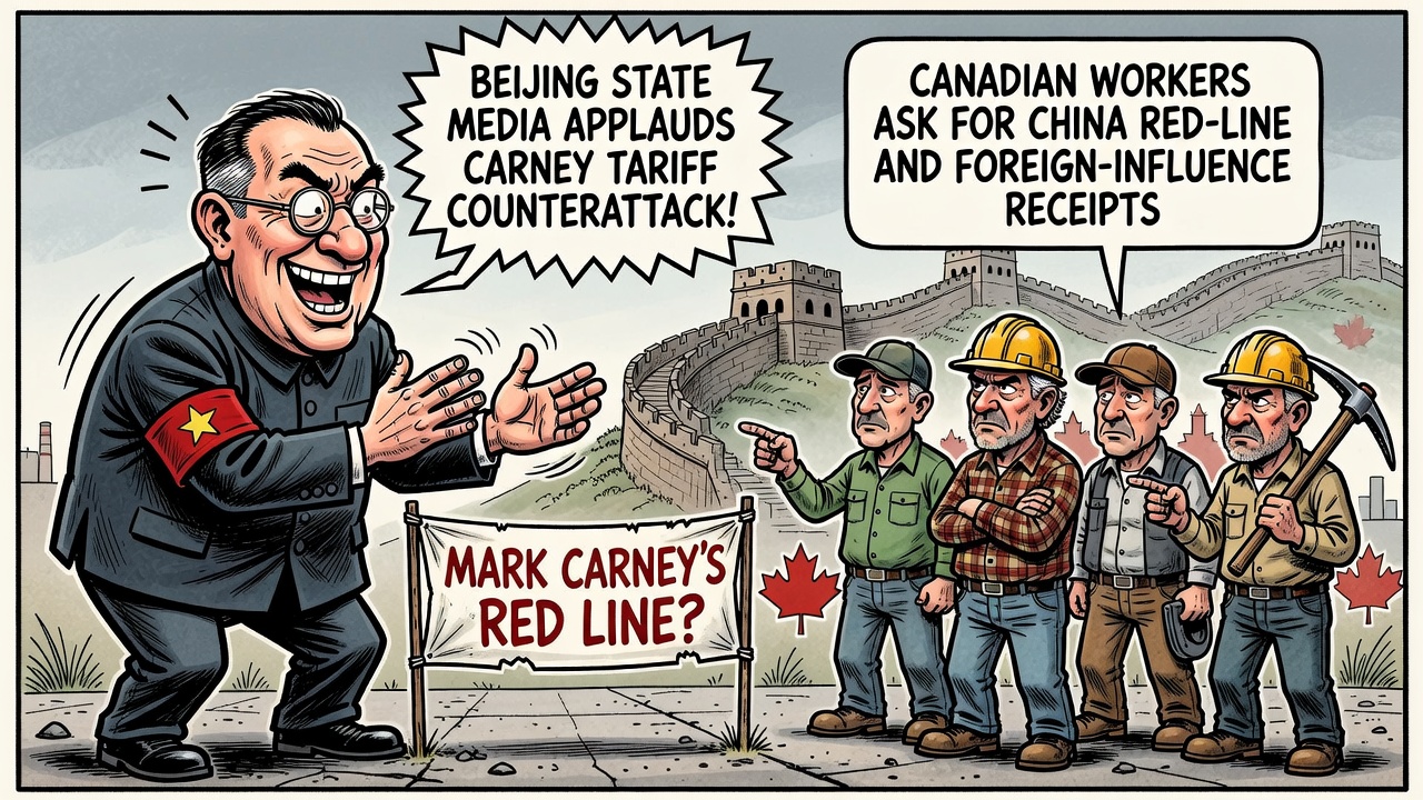 Editorial cartoon showing Beijing state media applauding Carney’s tariff counterattack while Canadian workers ask for China red-line, tariff and foreign-influence receipts.